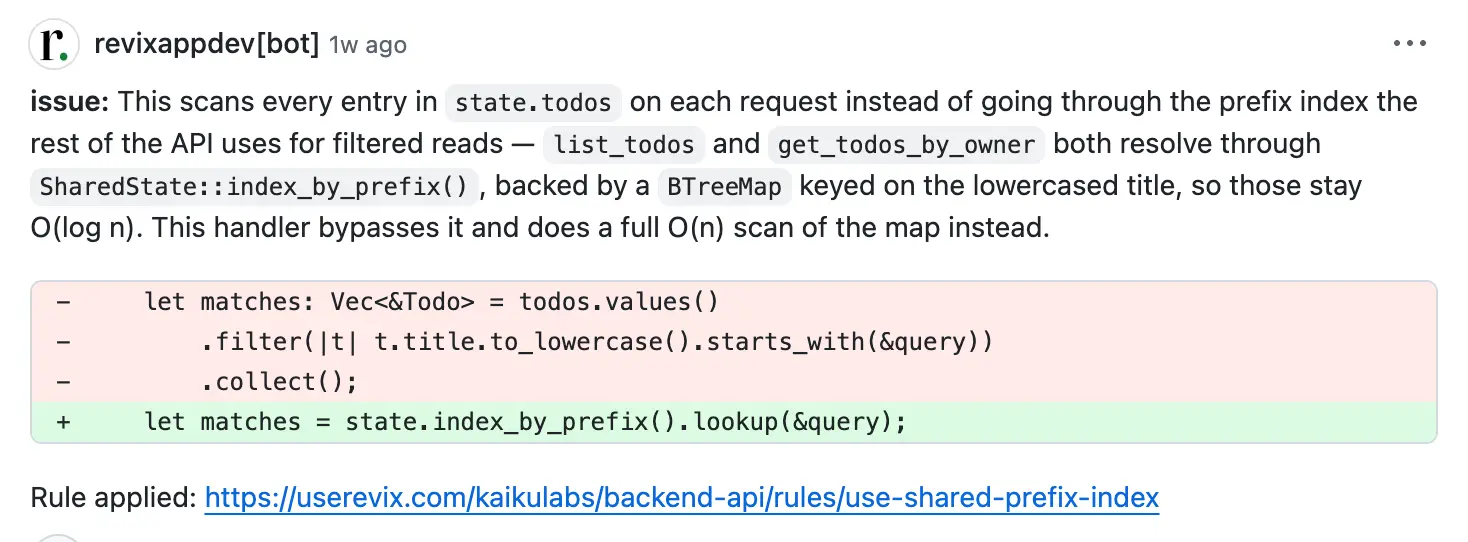 A Revix AI review comment flagging a handler that scans every entry in state.todos instead of using the shared prefix index the rest of the API relies on
