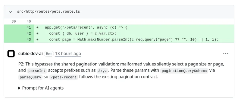 A Cubic review comment on line 43 of pets.route.ts, labeled P2, saying the route bypasses the shared pagination validation and suggesting parseQuery with paginationQuerySchema, with a collapsed Prompt for AI agents section