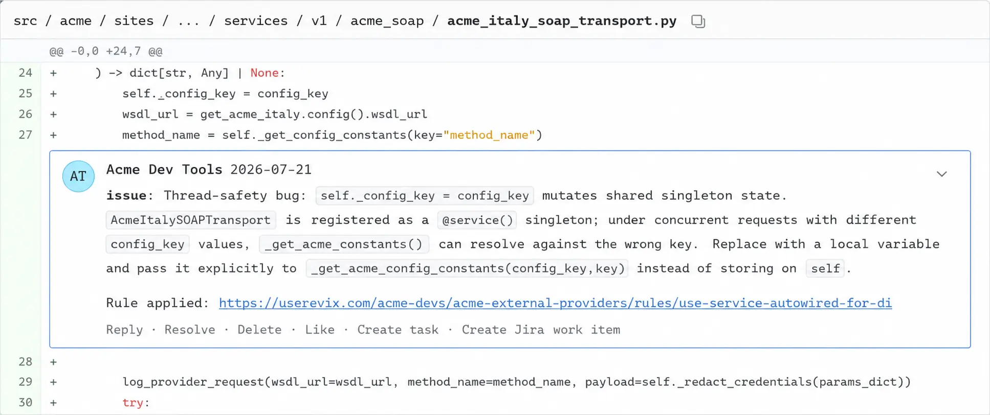 An AI review comment flagging a singleton service that mutates shared state, linked to the team's dependency-injection rule