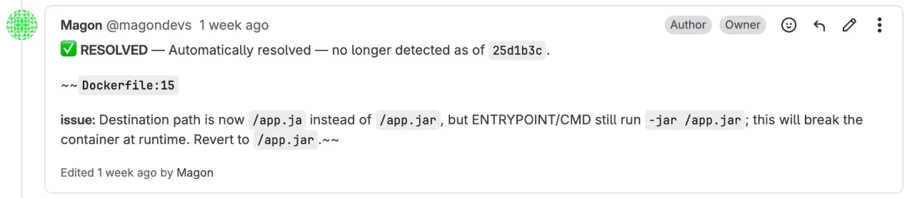 A Revix review comment on a GitLab merge request diff explaining an issue and linking the rule it applied