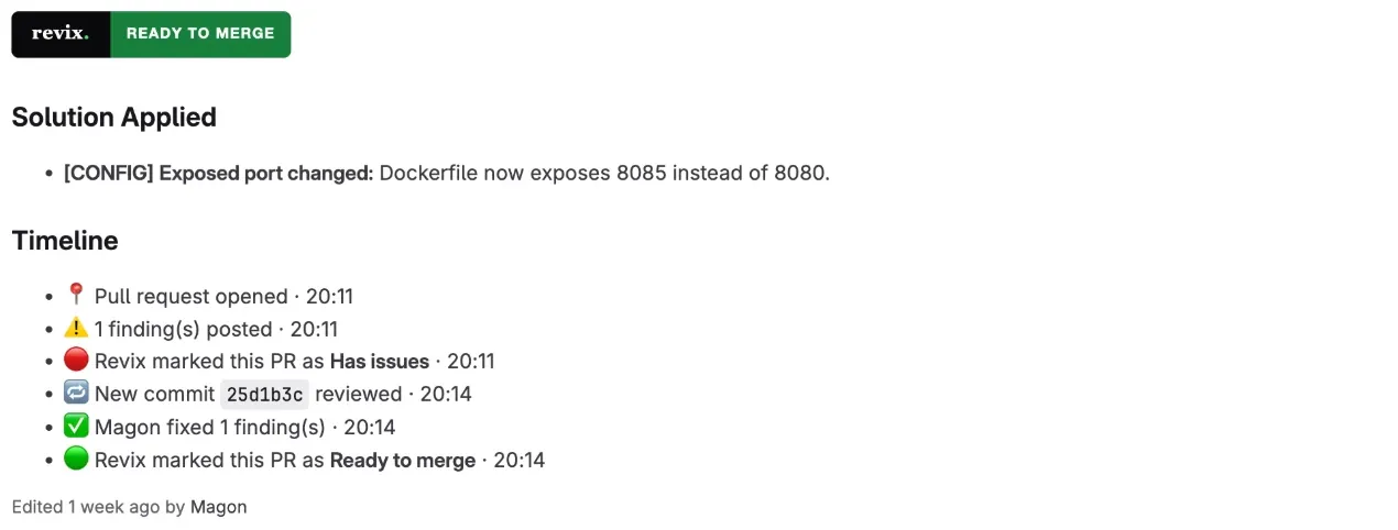 A Revix summary written into the description of a GitLab merge request