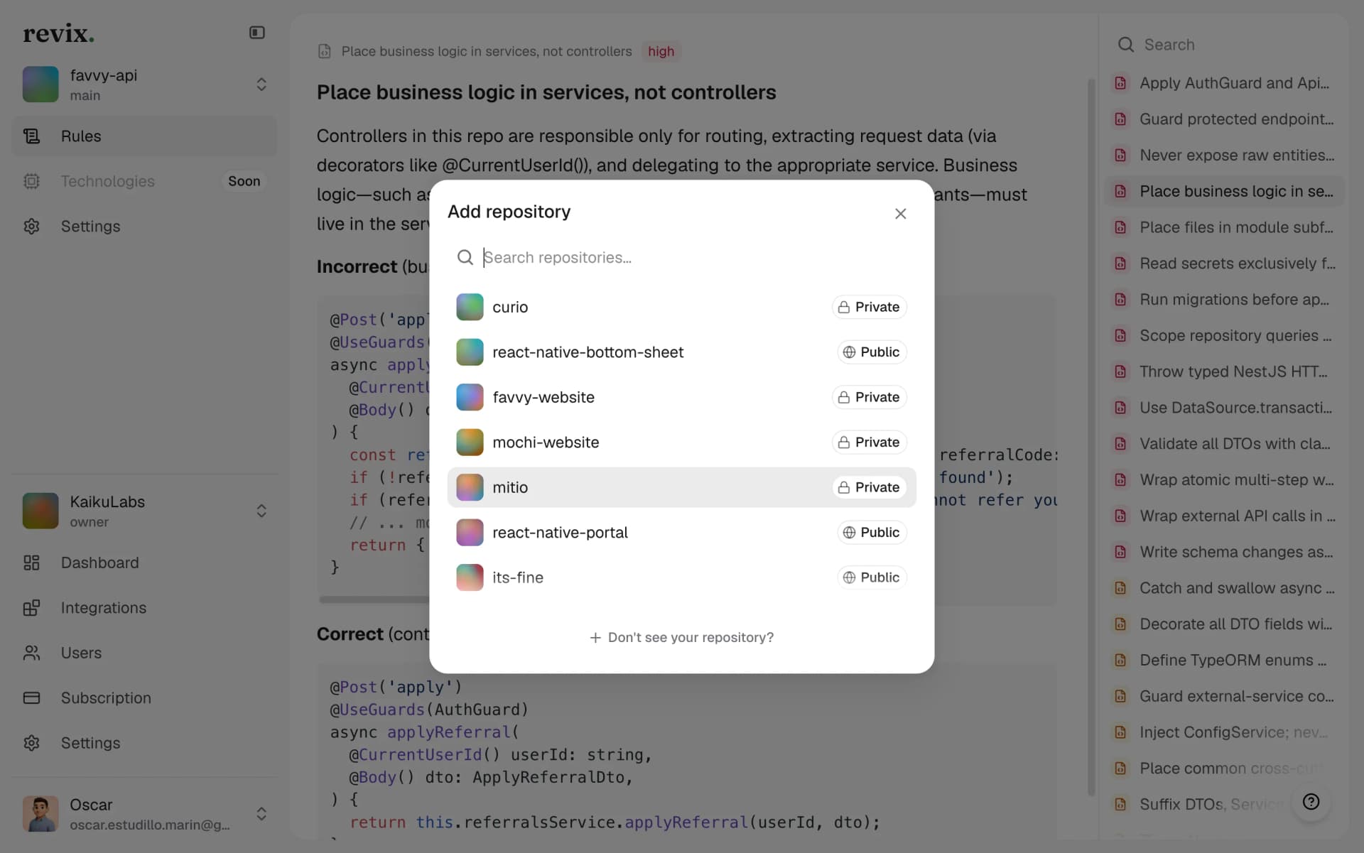 Revix add repository modal listing Bitbucket repositories to select for review