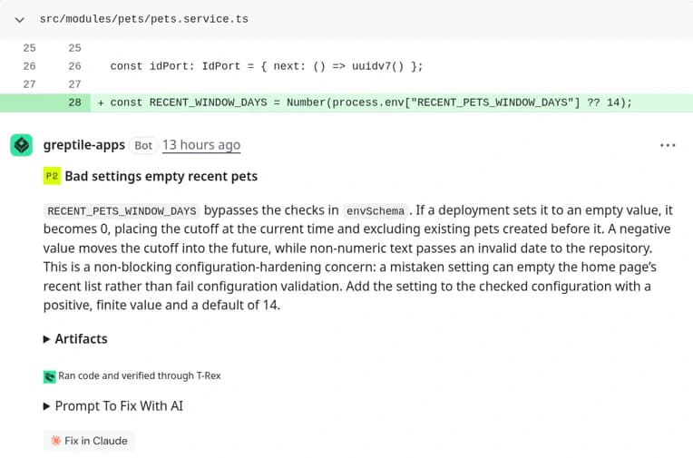 A Greptile review comment labeled P2, titled Bad settings empty recent pets, explaining that RECENT_PETS_WINDOW_DAYS bypasses the checks in envSchema and suggesting it be added to the checked configuration