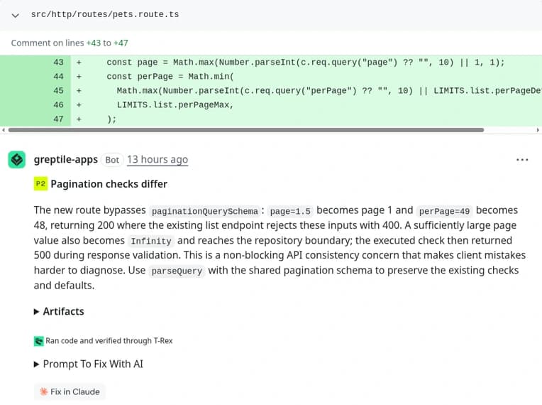 A Greptile review comment labeled P2, titled Pagination checks differ, explaining that the new route bypasses paginationQuerySchema and suggesting parseQuery with the shared pagination schema, with a note that it ran code and verified through T-Rex