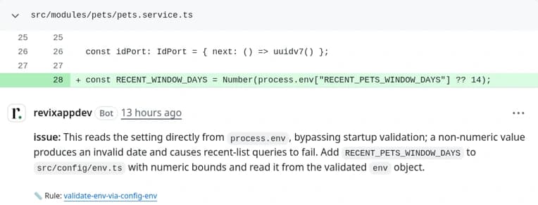 A Revix review comment tagged issue on line 28, saying the setting is read directly from process.env and should be added to src/config/env.ts, with a link to the rule validate-env-via-config-env