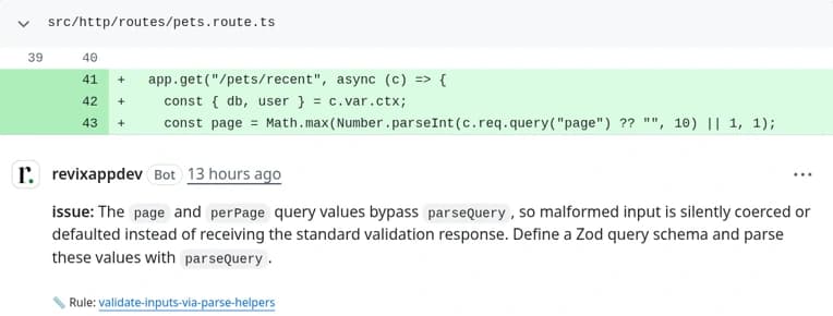 A Revix review comment tagged issue on line 43, saying the page and perPage query values bypass parseQuery, with a link to the rule validate-inputs-via-parse-helpers