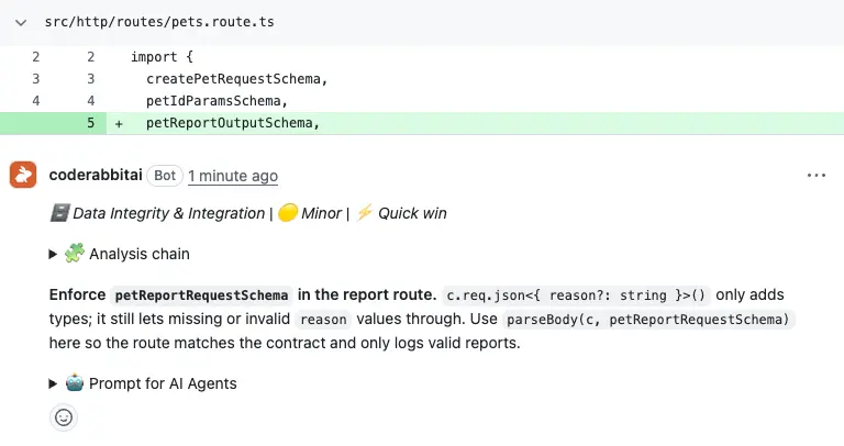 A CodeRabbit review comment on a GitHub pull request classifying the finding as Data Integrity and Integration, Minor, Quick win, with collapsed Analysis chain and Prompt for AI Agents sections