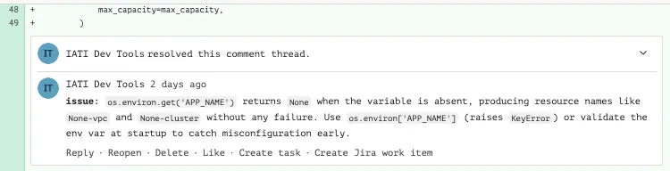 A Revix review comment on a Bitbucket pull request, resolved after the developer pushed a fix