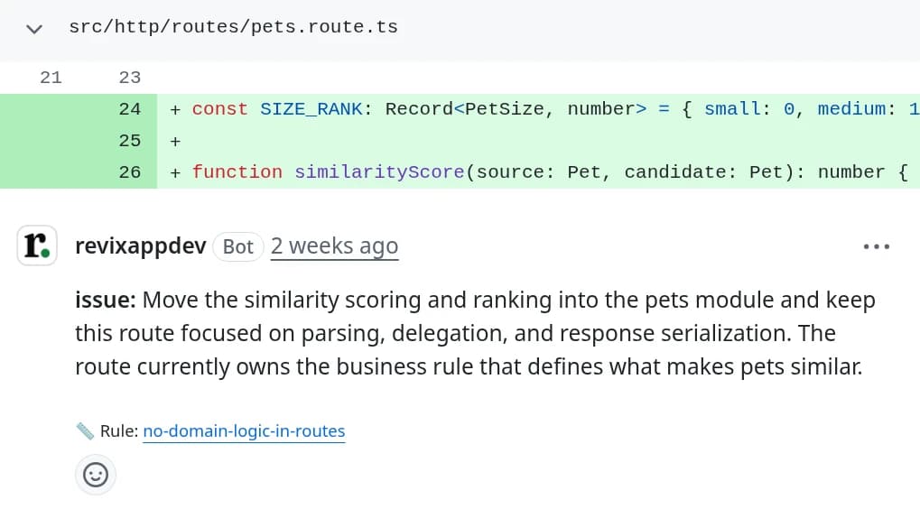 A Revix comment on a GitHub pull request. It is labeled issue, asks to move pet matching logic out of a route file, and cites one repo rule: no-domain-logic-in-routes.