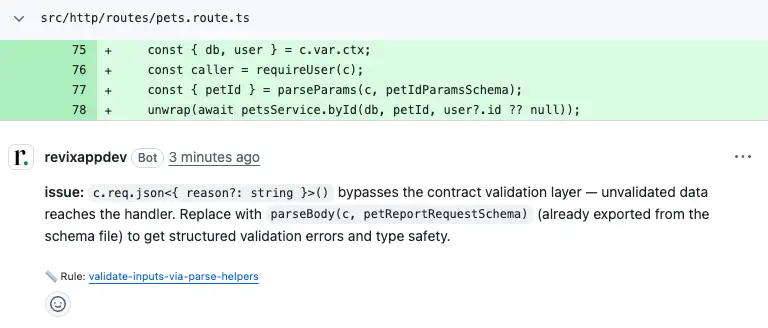 A Revix review comment on a GitHub pull request explaining a validation issue and linking the rule it applied