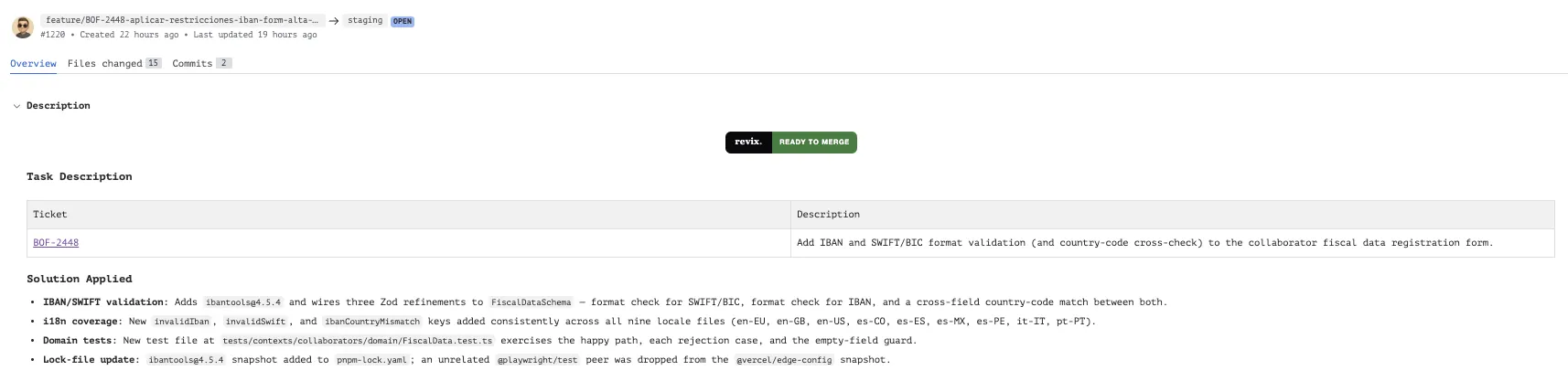 A Revix summary on a Bitbucket pull request showing the linked Jira ticket and a ready to merge badge