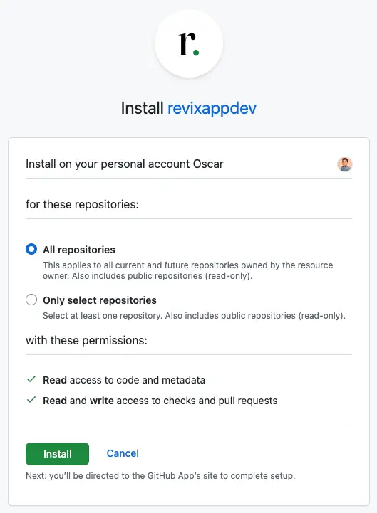 GitHub install screen for revixappdev with All repositories selected, showing read access to code and metadata and read and write access to checks and pull requests