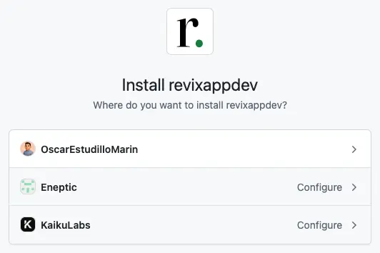 GitHub install screen for the revixappdev app, listing a personal account and two organizations to install on