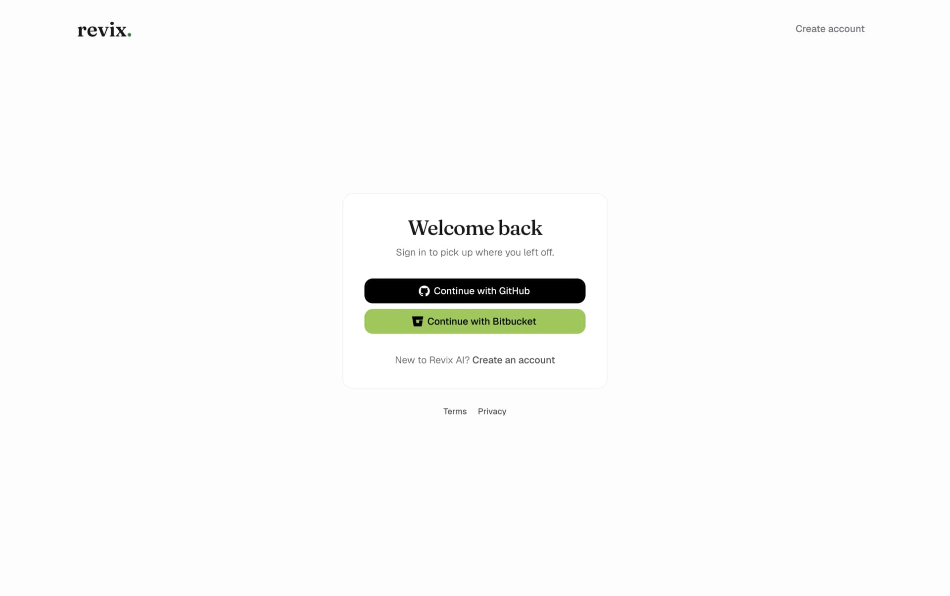 Revix sign-in screen with a Continue with GitHub button above Continue with Bitbucket