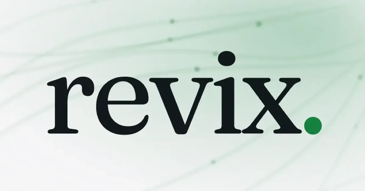 The revix wordmark on a pale green gradient background with faint flow lines